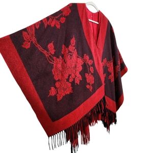Vintage Wool Floral Cape Shrug Fringe Red Black Roses Women's One Size